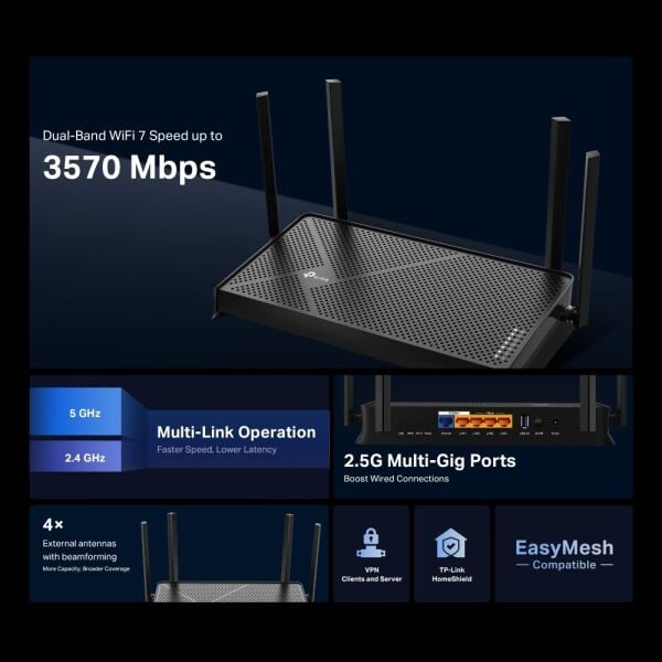 TP-Link Archer BE230 5 Port 3600 Mbps Dual Band Wİ-Fİ 7 Router