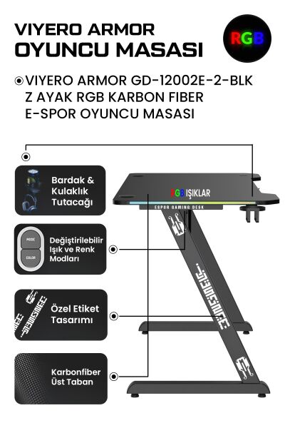 VIYERO ARMOR GD-12002E-2-BLK Z AYAK RGB KARBON FIBER E-SPOR OYUNCU MASASI