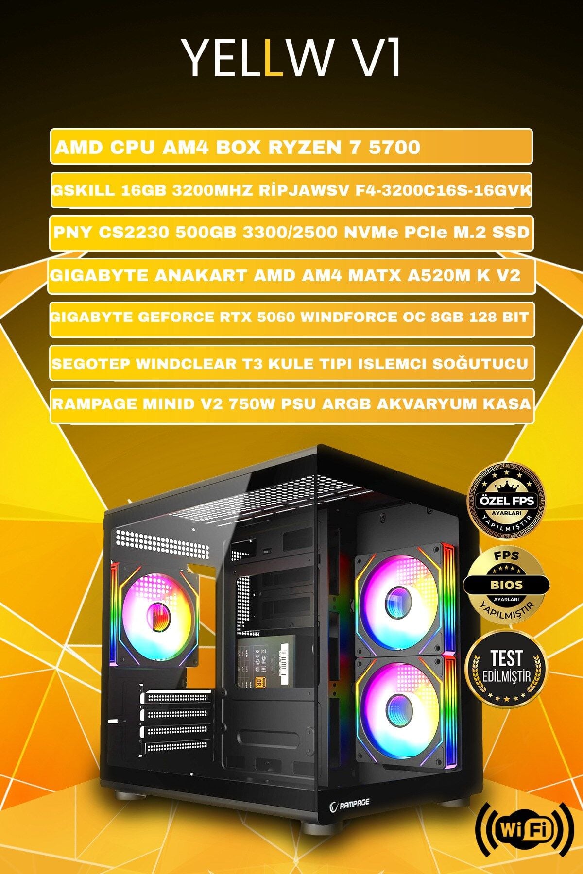 YLLW V1 RTX 5060 RYZEN 7 5700 16 GB DDR4 512 GB SSD 750W OEM PAKET