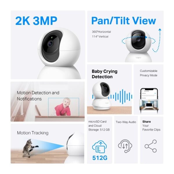 TP-Link Tapo TC71 2K İç Mekan 3MP Gece Görüşlü 512GB Kart Destekli Wİ-Fİ Güvenlik Kamerası