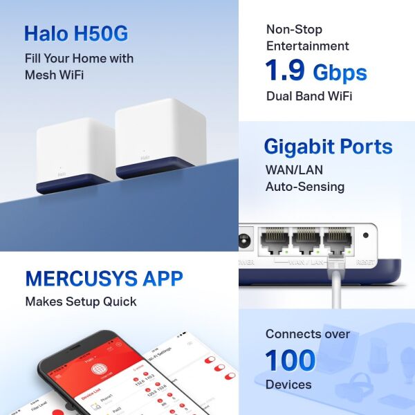 TP-Link Mercusys Halo H50G(2-pack) AC1900 Tüm Ev Mesh Wi-Fi Sistemi