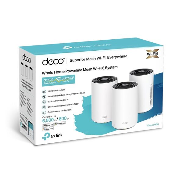 Tp-Link Deco PX50 3'lü Paket AX3000+G1500 Menzil Genişletici Roter Bütün Ev Powerline Mesh WiFi Sistemi
