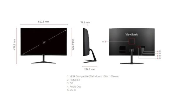 ViewSonic 27 VX2718-2KPC-MHD QHD 2560X1440 1MS 165HZ 2XHDMI DP 1500R CURVED FREESYNC GAMING MONİTÖR
