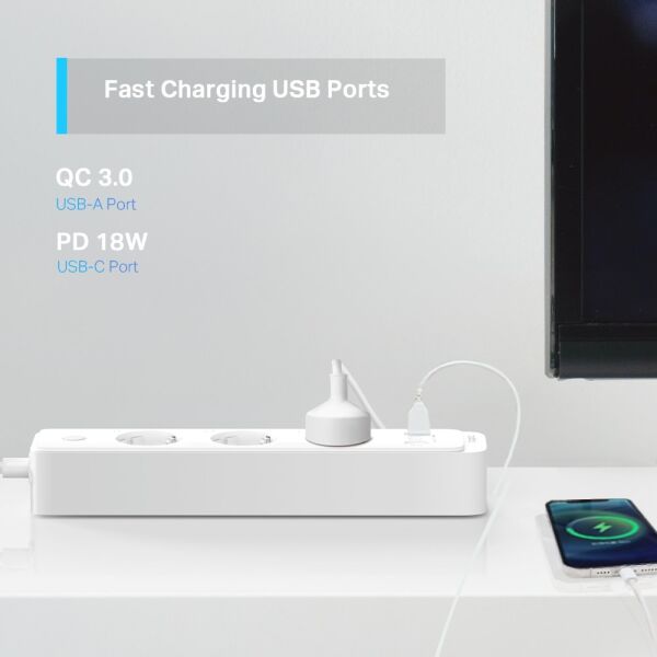 TP-Link Tapo P300  3'lü Priz  1,5m Kablolu 2 Usb Şarj'lı Akıllı Wi-Fi Priz