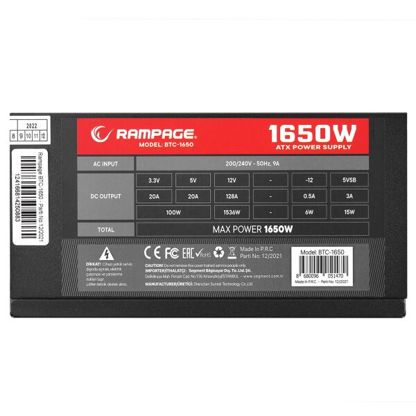 RAMPAGE BTC-1650 1650W 16* (6+2P)PCI EXP KABLOLU 14 CM FANLI BITCOIN POWER SUPPLY